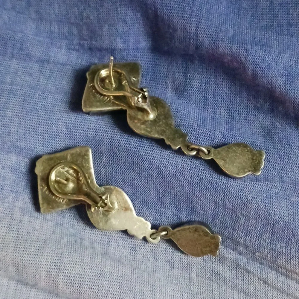 Lapiz and Silver Signed VTG Earrings.